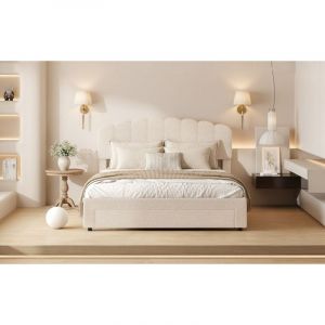 Lit adulte 160x200, lit double capitonn&eacute; avec tiroir et ports USB/Type-C, t&ecirc;te de lit coquillage, lit avec rangement avec sommier, velours, style