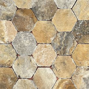 Fa&iuml;ence Travertin 1er Choix - Scabos - 15x15x1,2cm Hexagone - Vieilli - (1 m&sup2;)