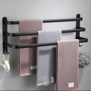 Porte Serviette Salle de Bain Porte-Serviettes Cuisine Multicouche Porte Serviette Murale Noir avec Crochets Barre Serviette en Aluminium - 50 cm,