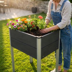 Carr&eacute; Potager de jardin sur Pied WPC Sur&eacute;lev&eacute; 60 x 50 x 90 cm, Bac sur&eacute;lev&eacute;