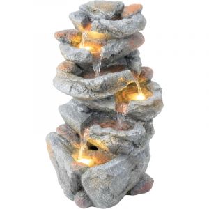 Fontaine de jardin - Outsunny - 6 niveaux, d&eacute;coration de jardin zen r&eacute;sine pierre naturelle, lumineuse LED - 33 x 27 x 53 cm - Gris