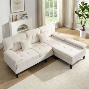 Canap&eacute; d'angle en chenille en forme de L,canap&eacute; 3 places multifonctionnel avec m&eacute;ridienne et couchage, repose-pieds amovible,195 cm de large,beige