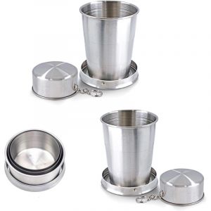 2 Pi&egrave;ces Gobelet Pliable, Acier Inoxydable Gobelet Retractable, 150 ml Verre de Voyage Pliable avec Porte-Cl&eacute;s, pour Camping, Alpinisme, Voyage