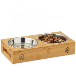 Gamelle pour chat, gamelle pour animal de compagnie, gamelle pour chien, support double en bambou, bois et acier inoxydable