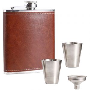 Flasque En Acier Inoxydable, Cuir Marron 8Oz Avec 3 Tasses Et Entonnoir