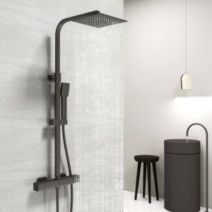 Colonne de douche thermostatique noire mate 25x25cm avec pomme de douche carrée, set de douche réglable en hauteur pour toutes les salles de bains