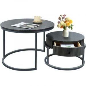 [JAMAIS UTILIS&Eacute;] Futurefurniture&reg;Table basse avec tiroirs, tables gigognes, gris, lot de 2, table d'appoint, cadre gris, tables rondes avec motif en