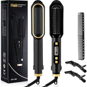 (Noir)Brosse &agrave; lisser les cheveux 2 en 1,brosse &agrave; lisser ionique &agrave; chauffage rapide 30 s,peigne chaud,brosse lissante chauffante avec 16