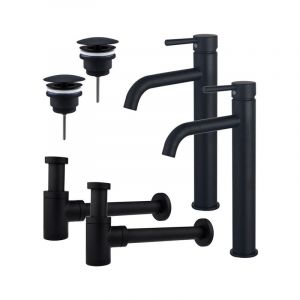 Fugaflow - Eccelente Sobrado Kit robinet lavabo - pour double vasque - robinet rehauss&eacute; - bonde non-obturable - siphon design bas - Noir mat
