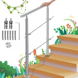 Rampe d'escalier en Acier Inoxydable, Garde-Corps pour Jardin Balcon, Main courante en acier inoxydable avec 2 poteaux - 80 cm avec 2 traverses