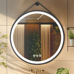 Luvodi - Miroir Salle de Bain Rond led avec Bandoulière Réglable, Grand Miroir Maquillage Coiffeuse Lumineux Anti Buée avec Interrupteur Tactile,