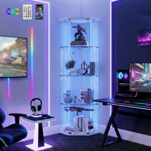 Vitrine en verre 4 &eacute;tages 162x42.5x60 cm &ndash; Vitrine de collection avec design pentagonal, &eacute;clairage LED, protection anti-basculement, vitrine pour