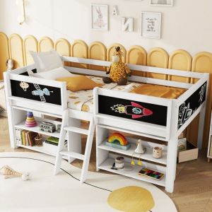 Lit mi-hauteur enfant 90x200 pin blanc - Avec &eacute;tag&egrave;res de rangement, barri&egrave;re de s&eacute;curit&eacute; et &eacute;chelle, style minimaliste (sans Matelas)