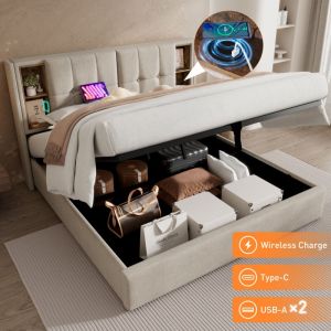 Modfu - Lit coffre 140x200cm Lit doubles pour adultes/enfants, tête de lit avec compartiment de rangement, usb, Type-C, sans matelas, naturel, lin