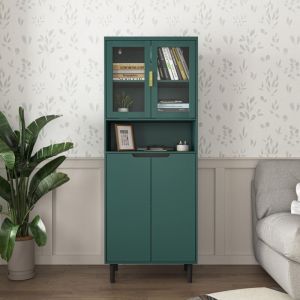 Vitrine avec portes en verre et compartiments de rangement, plateau réglable, meuble de rangement pour salon et chambre, 60 x 35 x 100 cm, Vert