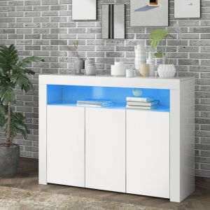 MODFU - Buffet 3 portes 130 x 35 x 95 cm, LED avec t&eacute;l&eacute;commande et USB, panneaux de particules E1, laqu&eacute; blanc