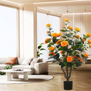 Hoerfuriy - Camélia Artificiel en Pot de Ciment, 102 cm-Fausse Plante Camélia avec 37 Fleurs
