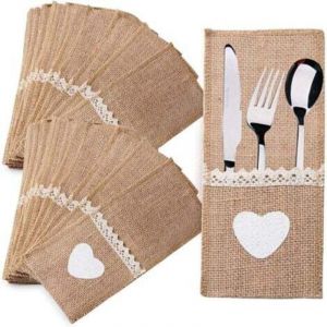 40pcs Porte-Couvert en Toile Jute et Dentelle Sac &agrave; Couteaux Table Pochette Poche &agrave; Couverts Accessoire de Vaisselle Fournitures D&eacute;coration de Table