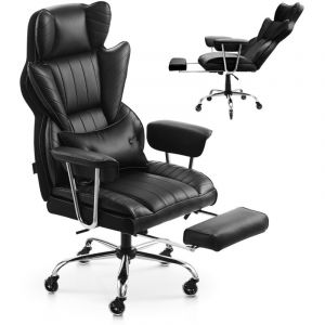 Chaise de Bureau avec Repose-pieds, Fauteuil de Direction Ergonomique avec Coussin Lombaire et Accoudoirs Amovibles, Siege de Bureau en Cuir pu,