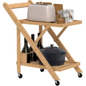 Desserte de cuisine en bambou chariot de service pliable 2 plateaux 4 roues 3 casiers &agrave; vin 66 x 40 x 70 cm bois naturel