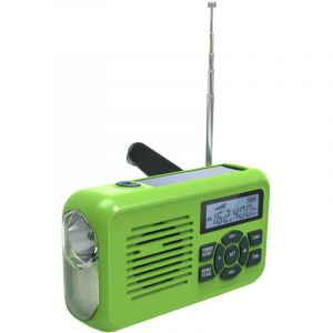 Radio num&eacute;rique multifonctionnelle FM/AM, m&eacute;t&eacute;o WB, lampe torche, chargeur t&eacute;l&eacute;phone, projecteur LED, sir&egrave;ne, clignotant, dynamo, r&eacute;veil, solaire,