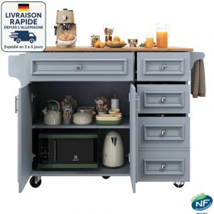 Desserte &Icirc;lot de Cuisine Desserte &agrave; roulettes avec &Eacute;tag&egrave;re &agrave; &eacute;pices et Porte-Serviettes - 110&times;45-75&times;92cm - Avec 5 tiroirs, 2 portes - scandinave