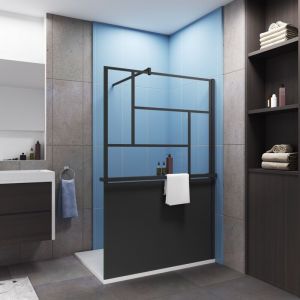 Paroi de douche &agrave; l'italienne type atelier 90x200cm install&eacute; avec une barre de fixation carr&eacute; en 140cm,livr&eacute; avec &eacute;tag&egrave;re de douche noir