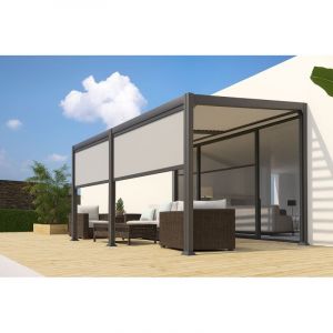 Couleurs Du Monde - Pergola adossée en aluminium Brisbane 3x4m – 5 pieds – lames orientables – avec 2 brise-vues frontaux