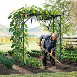 GOPLUS Trillis de Concombres, Support pour Plantes Grimpantes Vignes en Métal Revêtu de PE Antirouille, Pergola Tonnelle Jardin avec Filet pour