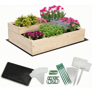MODO24 Carr&eacute; potager sur&eacute;lev&eacute; en bois, 2 niveaux en cascade, 27x90x63 cm, jardin/terrasse, kit jardinier inclus, naturel