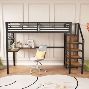 Lit mezzanine enfant 90x200cm, avec table et armoire, marchepieds latéraux avec mains courantes, base en métal, cadre de lit en fer forgé, style