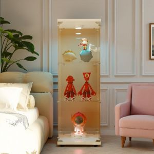 3 &Eacute;tag&egrave;res Vitrine Verre Tremp&eacute; Collection Salon, lumi&egrave;re LED, s&eacute;curit&eacute; enfant conception, 1 porte, fermeture &agrave; cl&eacute;, base blanc, 42x36x125 cm