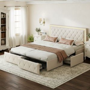 Lit double 160x200 cm avec tiroirs, Lit capitonn&eacute; avec LED et 4 tiroirs - T&ecirc;te de lit clout&eacute;e, sommier &agrave; lattes, scandinave - blanc cass&eacute;