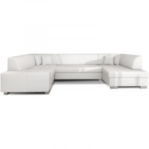 Les Tendances - Canap&eacute; panoramique convertible houston en simili cuir avec coffre de rangement-Blanc-Coffre &agrave; droite