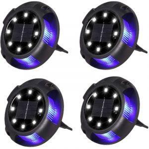 Lot de 4 Bornes Solaires Encastr&eacute;es Ext&eacute;rieur - 8 LEDs Blanc + 4 LEDs Bleu - &Eacute;tanches - pour All&eacute;e, Aire de Stationnement, Paysage, Jardin, Terrasse,