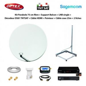 Kit Parabole 75 cm fibre + Support Balcon + lnb single + D&eacute;codeur DS81 tntsat + C&acirc;ble hdmi + Pointeur + C&acirc;ble coax 25m + 2 fiches