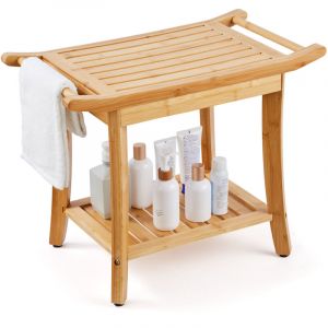 Banc de douche en bambou, 610 x 350 x 480 mm, tabouret de douche etanche avec poignee et etagere de rangement, jusqua 136,1 kg, pour adultes,