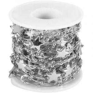 Cha&icirc;ne de perles de 10 m&egrave;tres, cha&icirc;ne d&eacute;corative en ABS galvanis&eacute; avec &eacute;toile &agrave; cinq branches (argent).