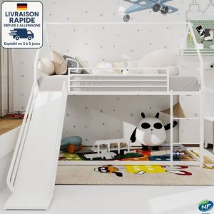 Lit mezzanine en m&eacute;tal 90x190 - Cadre de lit en forme de maison avec toboggan, parfait pour la chambre d'enfant - Montage Facile -Blanc