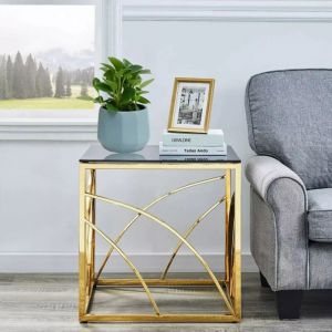 Jymtom - Table d'appoint Modern Cube - Verre tremp&eacute; de 8 mm et acier inoxydable dor&eacute; - Design &eacute;l&eacute;gant, table basse multifonctionnelle pour