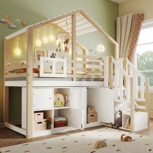 Lit mezzanine cabane enfant 90 x 200 cm, escalier coffre et rangements, pin massif, blanc/naturel