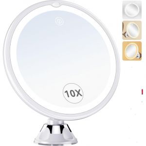 Miroir de maquillage &agrave; ventouse grossissant x10 avec 3 lumi&egrave;res LED, rotation &agrave; 360&deg;, miroir &eacute;clair&eacute; pour salle de bain et voyage