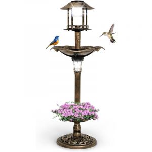 Bain d'oiseaux sur Pied Solaire, Mangeoire Oiseaux Extérieur avec 2 Lampes à Energie Solaire, Support Remplissable, 3 Piquets, Abreuvoir Oiseaux