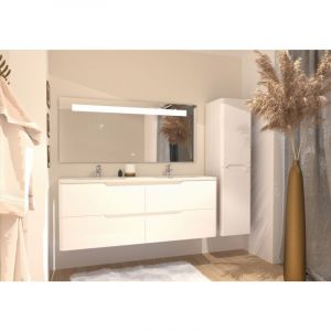 Sanitaire &ndash; Meuble double vasque LUNA 140 cm blanc brillant avec miroir &eacute;clairant KATHY &ndash; Tiroirs &agrave; sortie totale &ndash; Plan vasque en r&eacute;sine de synth&egrave;se