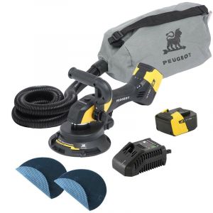 Peugeot Outillage - Energysand-18VBL-ASP Ponceuse plâtre brushless 18V+2 batteries Li-Ion 5Ah+18 disques abrasifs 150mm,aspi.intégré-Garantie 3
