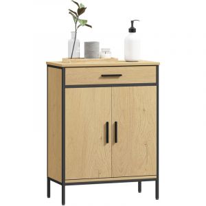 Meuble de salle de bain avec tiroir, placard &agrave; porte, &eacute;tag&egrave;re r&eacute;glable et charni&egrave;res &agrave; fermeture, 60 x 30 x 80 cm, ch&ecirc;ne