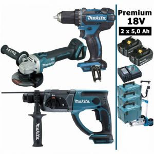 Makita - Pack Premium 18V 5Ah: Perceuse 62Nm DDF482 + Meuleuse DGA504 + Perforateur 2J DHR202 + 2 batteries + 3 MakPac + chariot