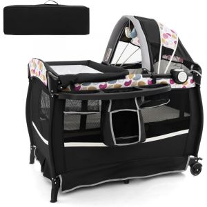 Costway - Lit Parapluie Bébé avec Matelas & Table à Langer Escamotable, Lit Bébé Évolutif avec Boîte à Musique & Jouets Suspendus, Auvent Réglable,