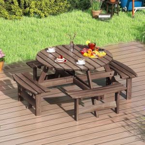Table Pique-Nique Extérieur 8 Personnes, Table à Manger Jardin Ronde pour Patio avec 4 Bancs Intégrés, Trou Parasol 5 cm, pour Jardin, Terrasse,