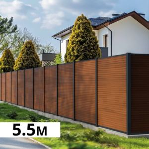 Kit Cl&ocirc;ture Bois Composite Teck 5,5x1,8m SANTOS - Poteaux en Aluminium Gris - Brise Vue - Palissade
